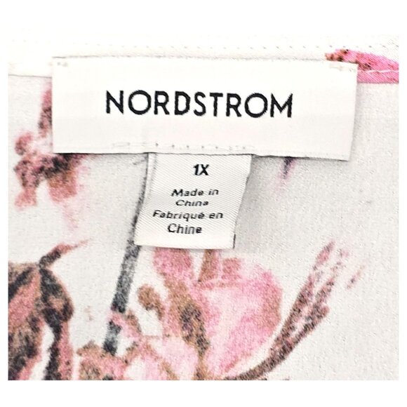 Nordstrom Floral V-Neck Long Sleeve Blouse Womens 1X Lightweight Ivory & Pink - Picture 9 of 16